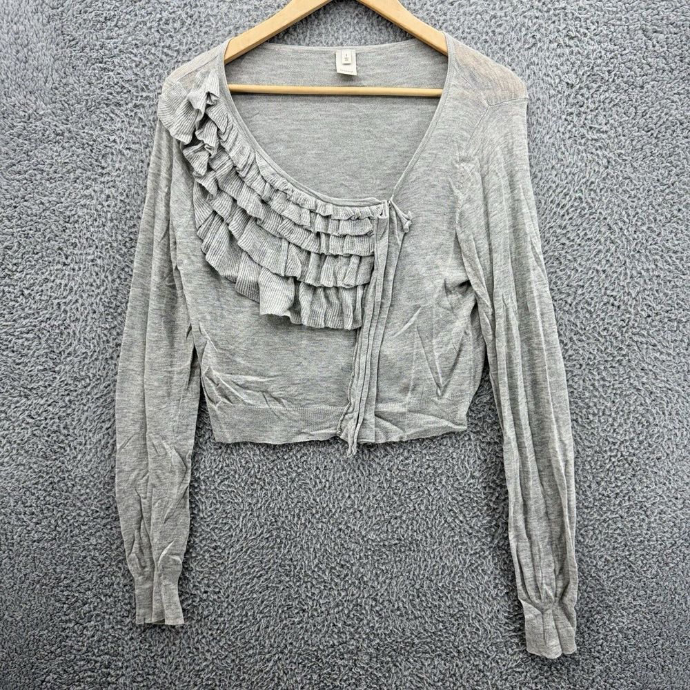 Trouvé‎ Womens Size 1 Gray Button Up Lightweight Ruffle Casual Cardigan Sweater